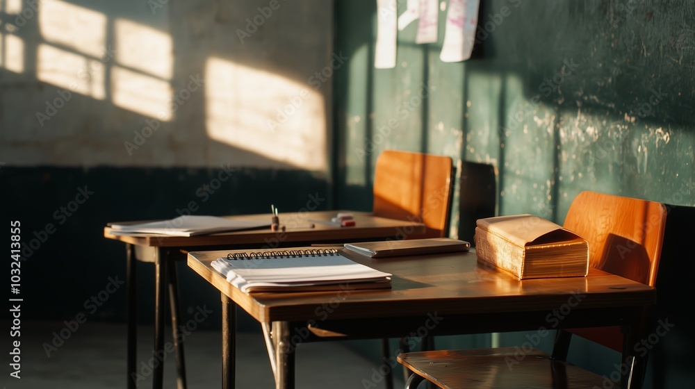 Poster empty classroom with wooden desks and sunlight filtering through the windows, creating a warm and in