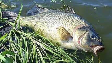 Lifeless fish floating in murky contaminated waters highlighting the devastating impact of pollution and environmental degradation on marine ecosystems