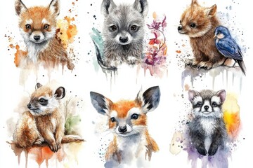 Obraz premium Collection six watercolor illustrations different animals There are Safari Animal set Badger