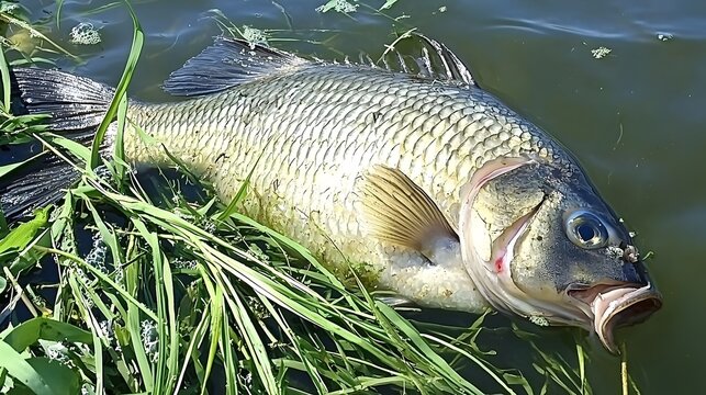 Lifeless fish floating in murky contaminated waters highlighting the devastating impact of pollution and environmental degradation on marine ecosystems