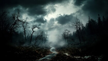 Fototapeta premium Dark eerie scene forest night sky filled clouds Raster illustration of spooky