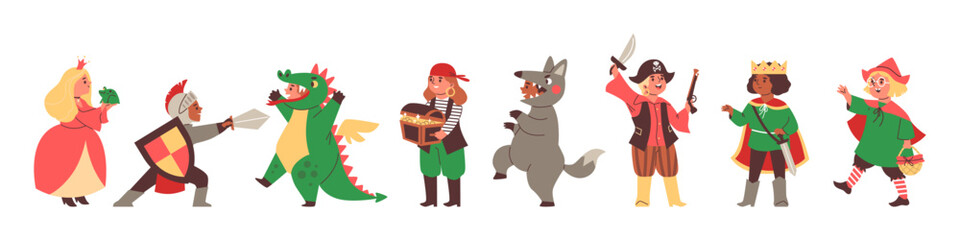 Children in costumes for fairy tale theater play cartoon vector set, pirate, red riding hood, wolf, princess knight king