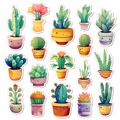 Charming watercolor plant stickers in various pots for decoration.
