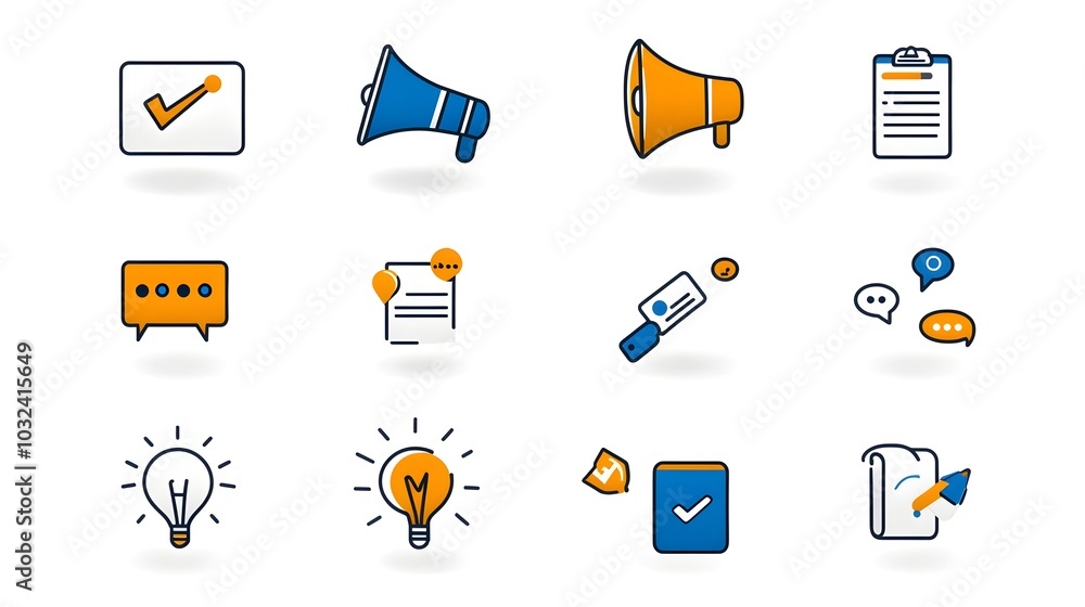Poster showcasing a set of digital marketing icons including a megaphone target goals online media and mobi