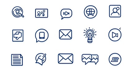 Minimalist icon set showcasing digital marketing tools and solutions including advertising social media influence video campaigns and public communication