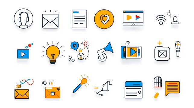 Elegant set of digital marketing icons in a minimalist style depicting various aspects of advertising campaigns social media outreach communication goals and online video content