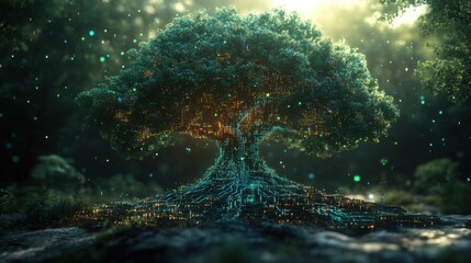 Obraz premium Digital Tree with Glowing Circuitry and Nature Elements