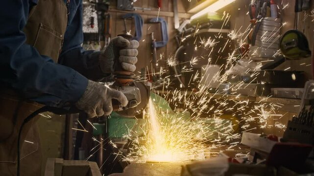 Medium shot of hands and midsection of male industrial worker in denim shirt, apron, gloves cutting steel detail with electric circular saw in holdfast on worktop in garage, with rain of sparks