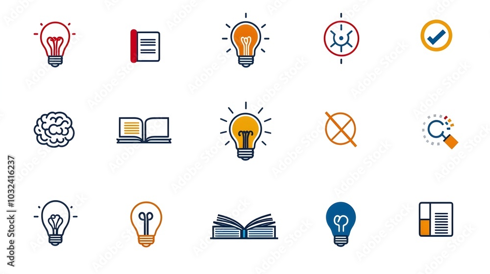 Poster thin line icon set featuring a minimalist outline design of knowledge symbols like book brain light 