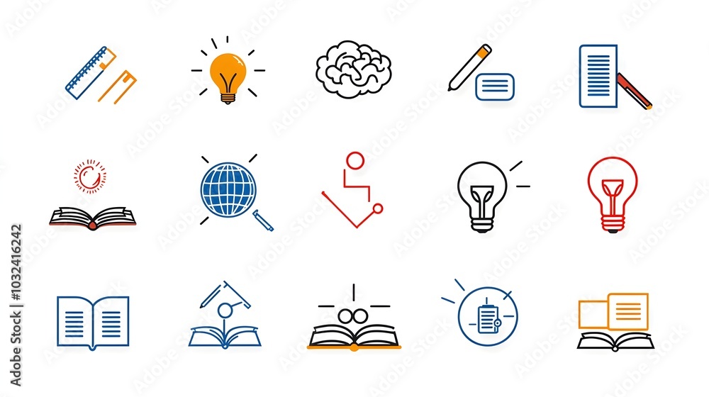 Fototapete minimalist thin line icon set featuring knowledge and intelligence symbols like books brains light b