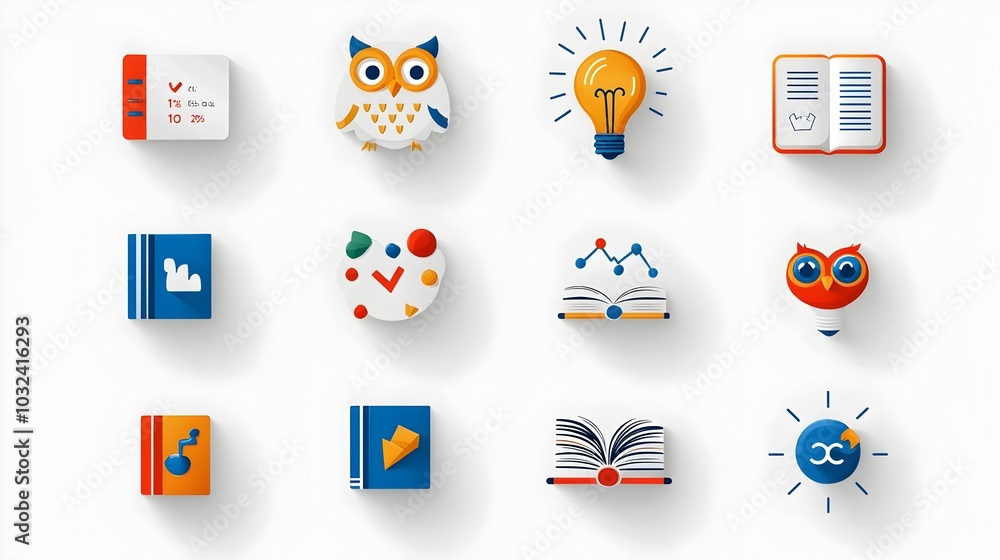 Poster minimalist featuring a clean thin line design of knowledge and intellectual icons including a book o