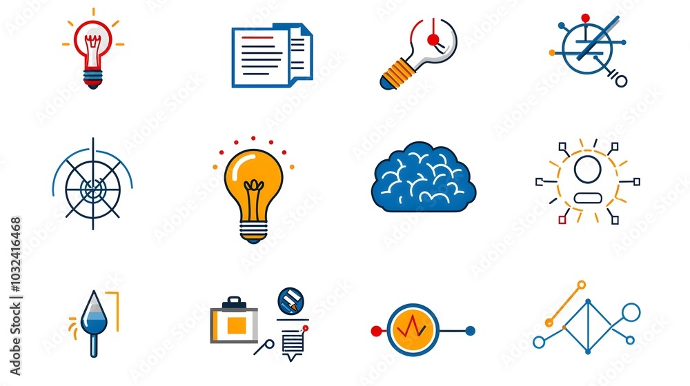 Poster Elegant thin line icons symbolizing the concepts of knowledge intelligence and creative thinking  Featuring a brain light bulb imagination