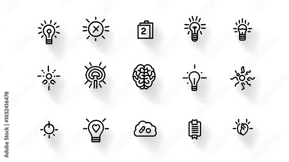 Aufkleber minimalist icon set depicting various knowledge and cognitive concepts including a brain mind cognit