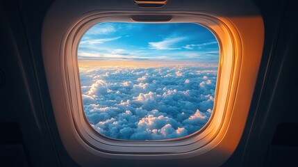 Fototapeta premium A view of the clouds from an airplane window at sunset.