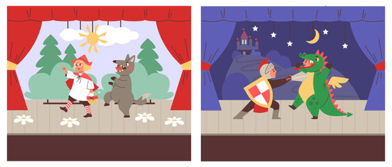 Theatre children in costumes on theater scene vector set, kids actors performing Red Hood fairy tale, knight and dragon