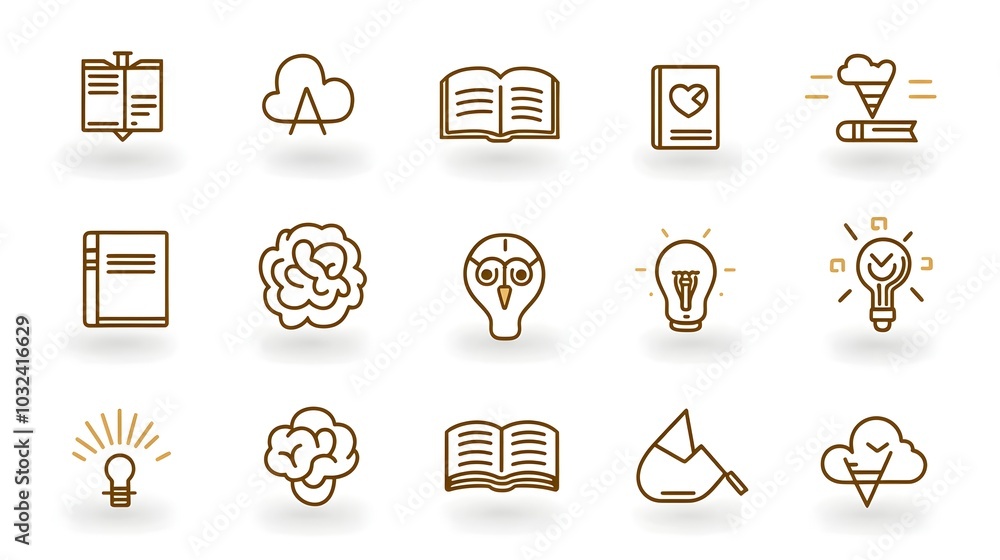 Aufkleber minimalist icon set showcasing symbols of knowledge education and intellectual concepts such as book