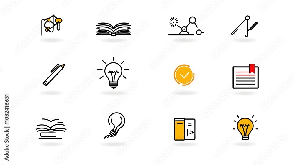Fototapete Thin line icons representing the themes of education knowledge and imagination  The icons include a book a light bulb and a globe