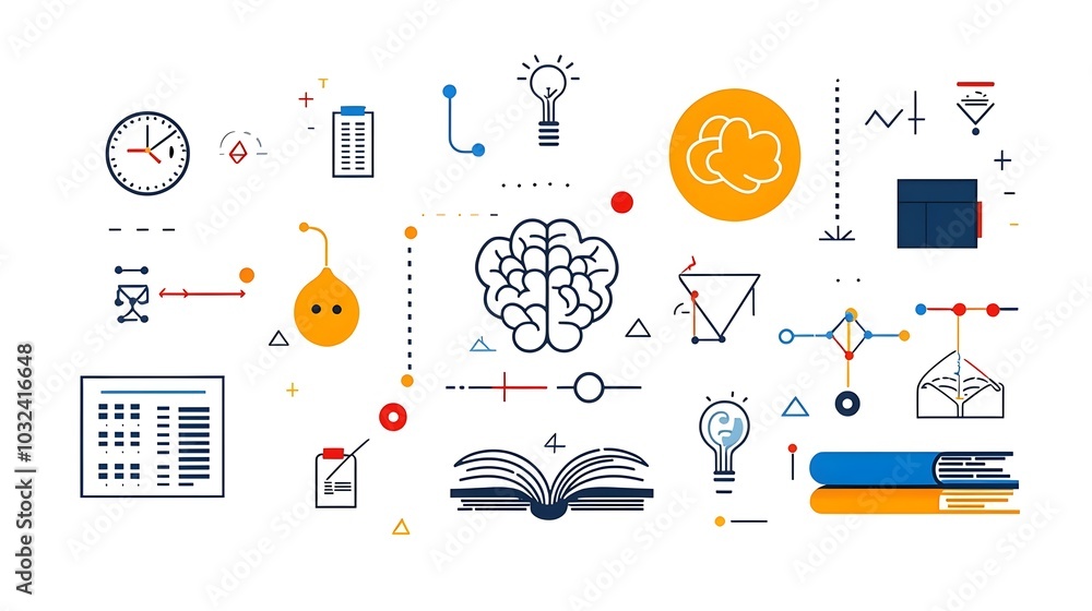 Poster minimalist icon set showcasing various symbols and elements related to knowledge education learning 