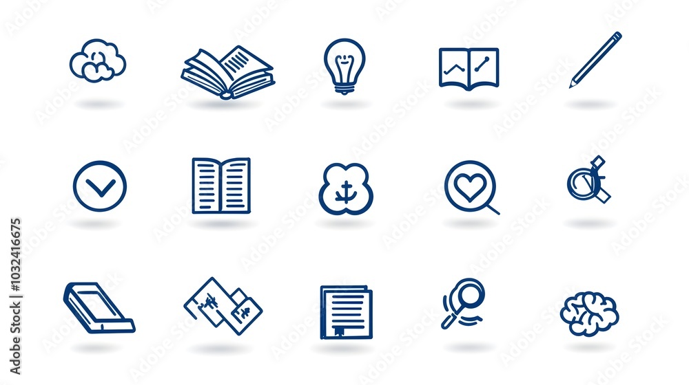 Poster minimalist icon set featuring various symbols and graphics representing knowledge education learning