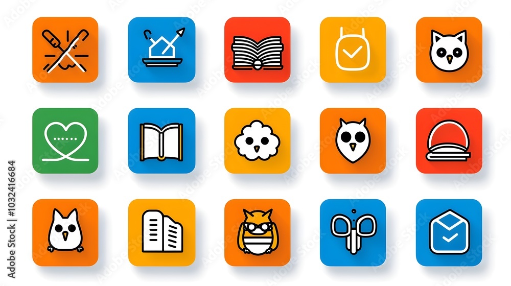 Aufkleber Set of abstract icons designed with minimalist lines to represent knowledge education and intellectual concepts such as book brain owl and creativity