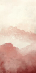 Serene crimson mountains shrouded in mist with a dreamy atmosphere