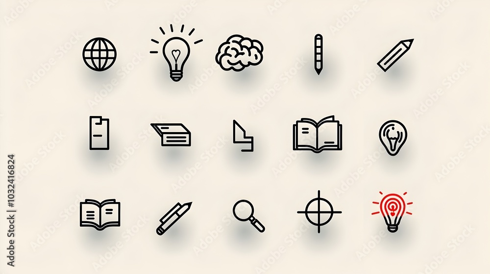 Aufkleber minimalist icon set featuring knowledge elements like brain creativity book and globe with sleek thi