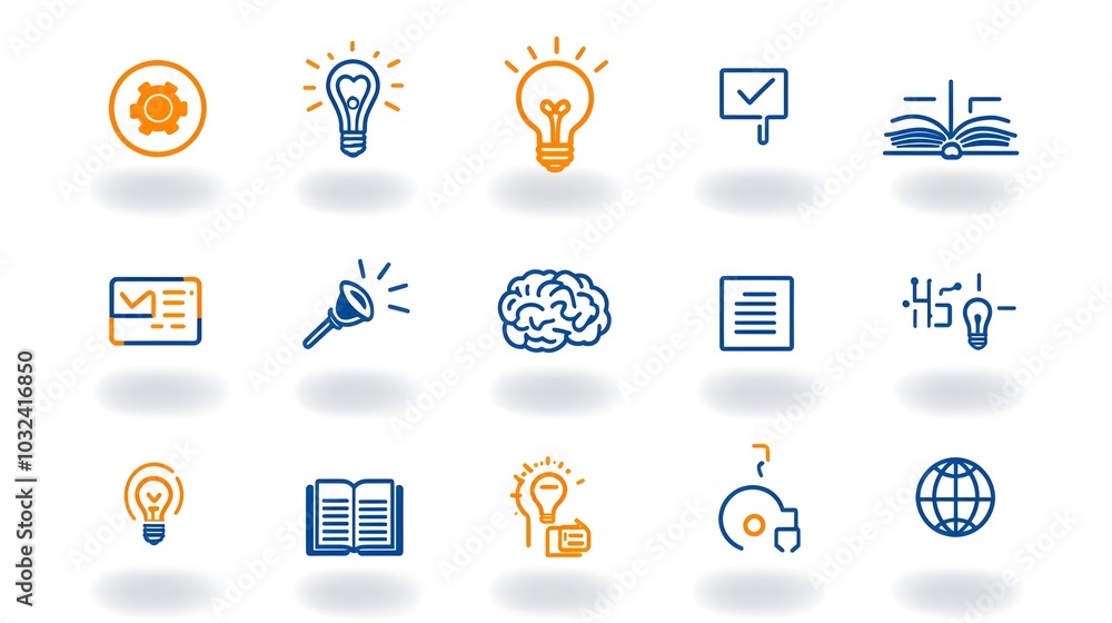 Poster Minimalist icon set featuring key knowledge elements like brain creativity book and globe with sleek thin line designs perfect for educational academic and imaginative digital visuals and graphics