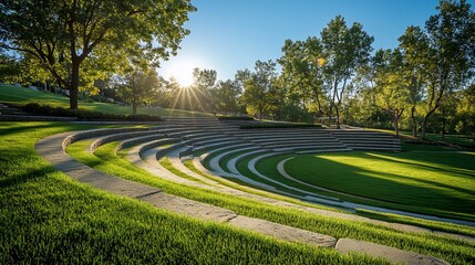 A large outdoor amphitheater with grassy steps and a stage area, bathed in the warm glow of the setting sun.
