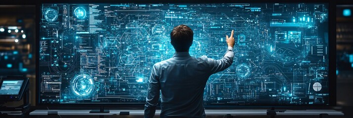 Tech Savvy Male IT Expert Presenting Network Diagram on Digital Interface in High-Tech Computer Lab