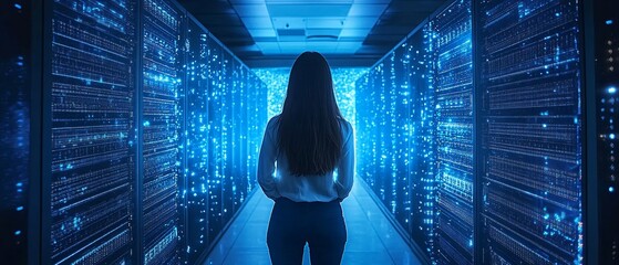 Future-Ready Female Network Architect Configuring Cloud Servers in Blue Futuristic Office with Glowing Data Streams