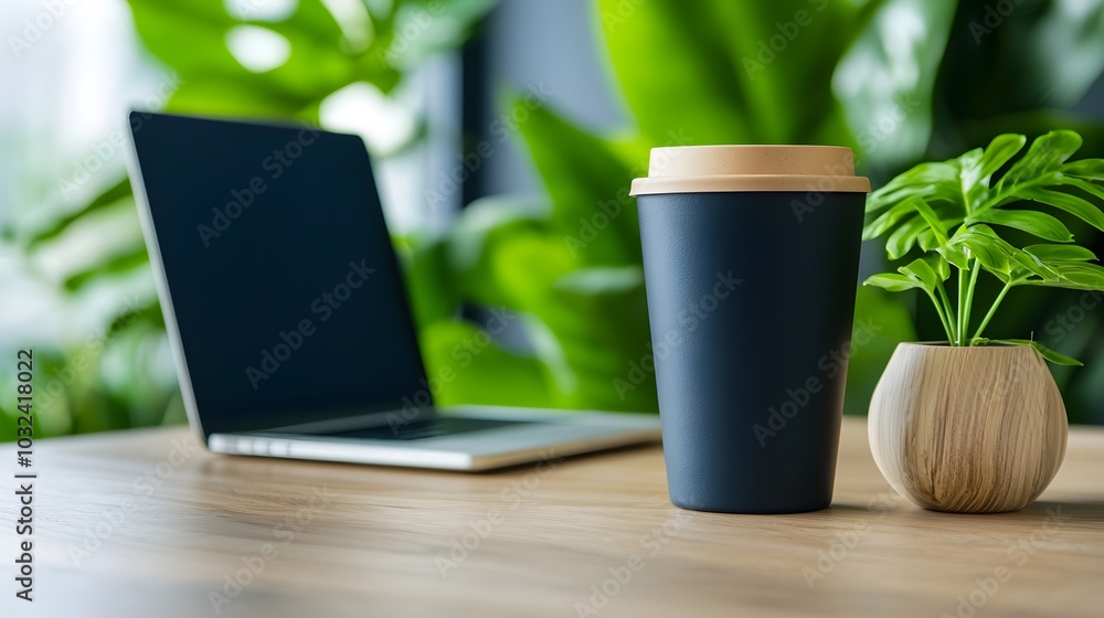 Poster stylish reusable coffee cup placed alongside laptop on a clean organized modern workspace desk flat 
