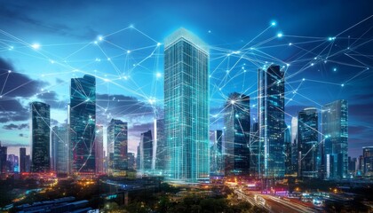 Obraz premium Digital illustration city skyline night sky dark blue Business district