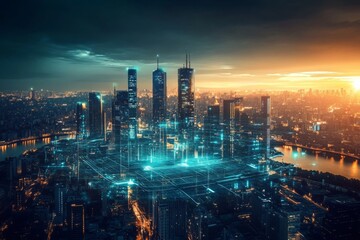 Fototapeta premium Digital illustration city night lit up blue lights smart