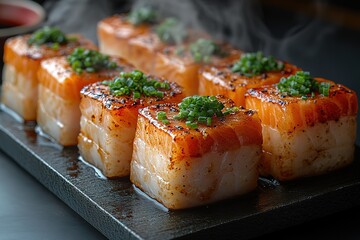 Steaming hot, perfectly seared salmon sushi bites topped with fresh chives.