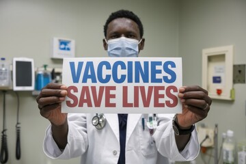 A man in a white lab coat holding a sign that says "Vaccines save lives"