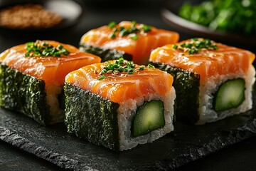Close-up of salmon and asparagus sushi rolls