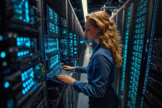 Control Room Women IT Specialist Monitoring Server Data Center Operations with High-Tech Equipment