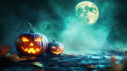 Halloween Background with Pumpkins and Full Moon