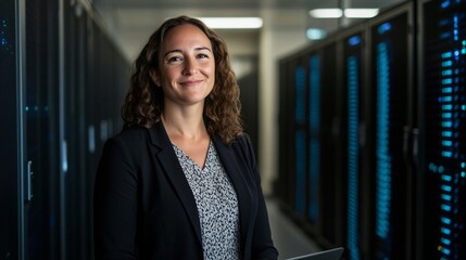 Empowered Woman IT in Control: Confident Female IT Professional in Data Center Surrounded Code and Servers