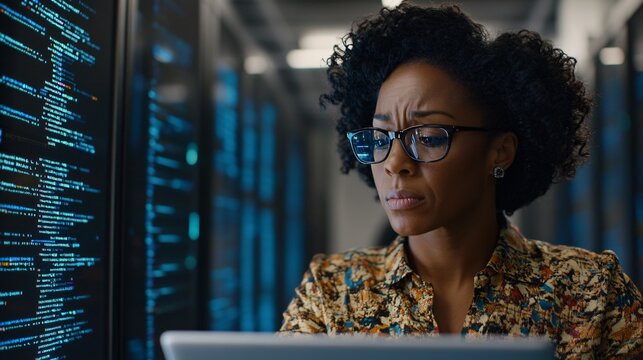 IT Determined Woman African American Analyzing Critical Data in Glowing Data Center
