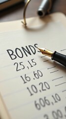 Financial bonds document with numbers and fountain pen on paper