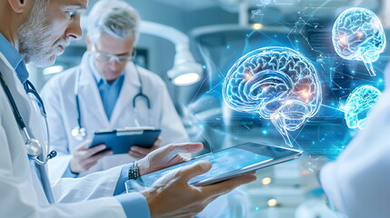Future of Medicine: A futuristic image of a doctor interacting with a holographic human skeleton, representing the potential of technology to revolutionize healthcare.  
