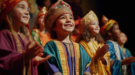Fototapeta premium “Children dressed as the Three Wise Men in colorful and ornate costumes and crowns on stage during the celebration of Epiphany or Three Kings Day”