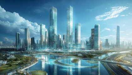 Fototapeta premium Digital rendering cityscape tall skyscrapers sky deep blue A business center was