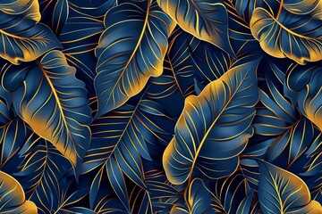 Elegant tropical leaf wallpaper with intricate golden banana leaf line arts and hand-drawn outlines, perfect for luxurious nature patterns in fabric, print, cover, banner, and invitation