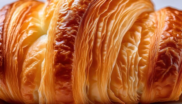 Macro Shot of Golden Caramel Croissant with Perfectly Crisp, Flaky Layers and Glossy Caramelized Finish. Ideal for High Resolution Food Photography, Bakery Branding, Menu Design, or Culinary Marketing