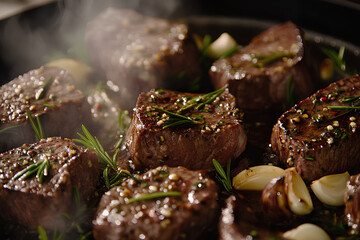 Close-up of juicy steak tips with herb-garlic marinade and charred edges garnished with rosemary and garlic cloves
