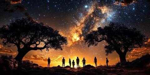 Fototapeta premium Group people standing desert-like landscape two large bao Human evolution, natural selection