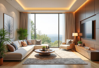 Fototapeta premium stylish living room with a large bright window and designer furniture