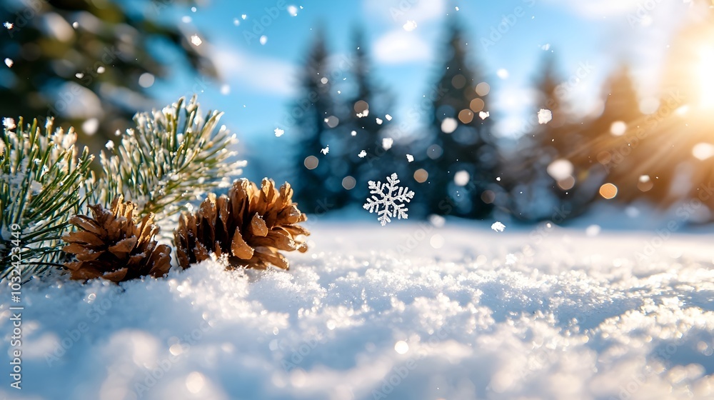 Poster delicate and intricate snowflakes gently drifting and falling from a peaceful winter sky creating a 